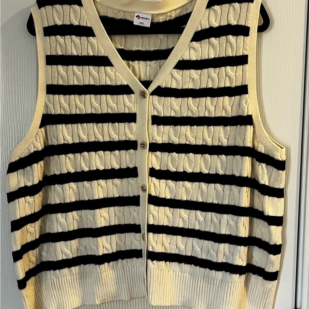 Striped Cable Knit V-Neck Sweater Vest - Navy & Cream